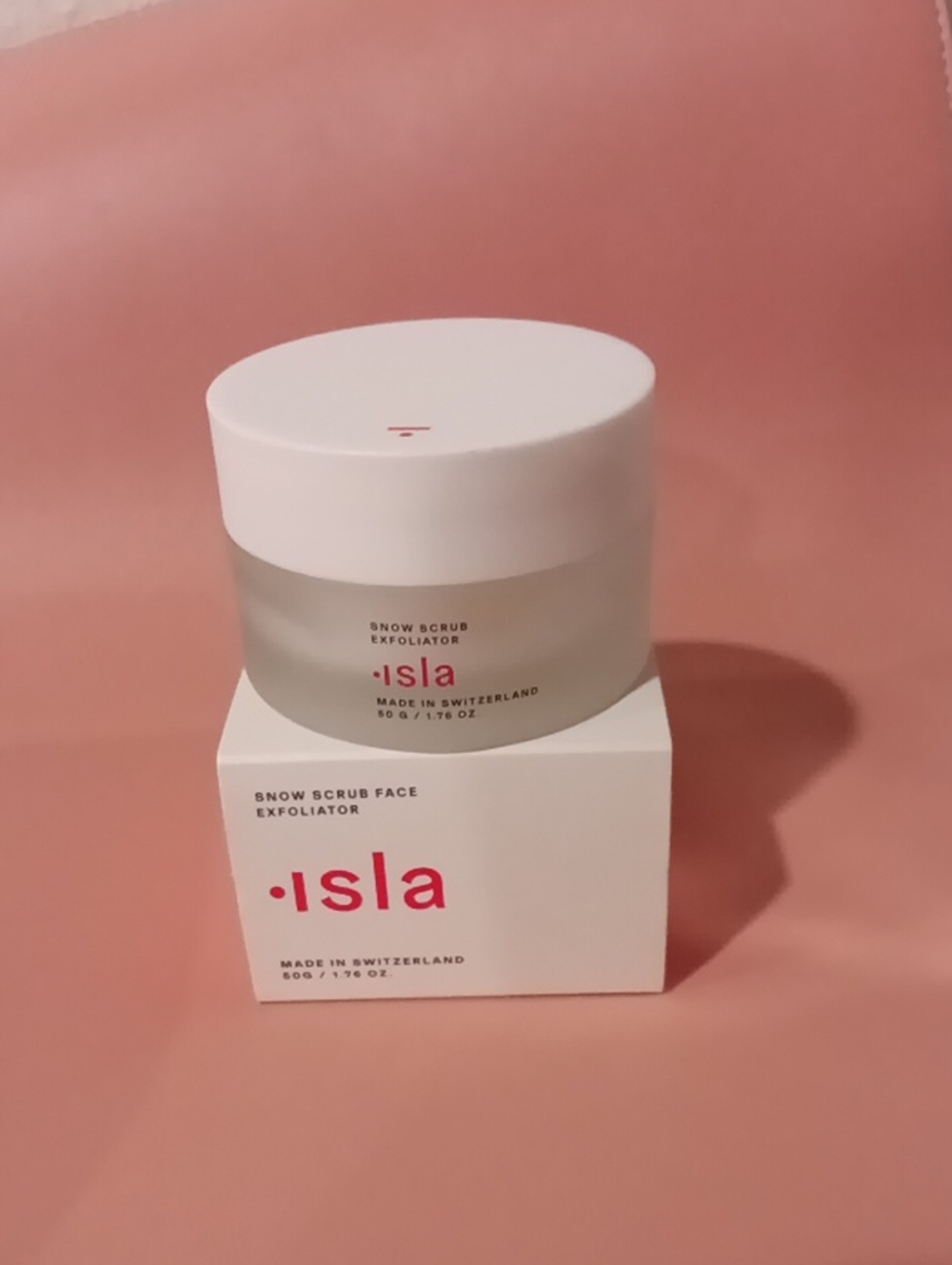 Isla Snow Scrub Face Exfoliator — White Jar with Pink Accent
